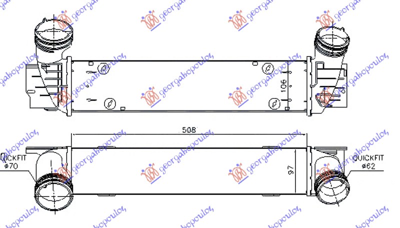 ΨΥΓΕΙΟ INTERCOOLER 2.0 (320D) ΠΕΤΡΕΛΑΙΟ (510x95x105) ΚΟΛΑΡΑ Φ 70/62 - BMW SERIES 3 (E90/91) SDN 05-08 thumbnail